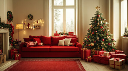 red sofa, Christmas tree and gift boxes