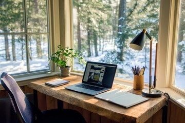 Cozy Home Office Overlooking Snowy Forest with Rustic Wooden Desk