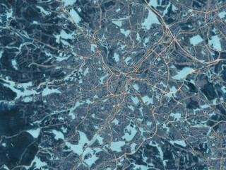 Painterly Style City Map of Sheffield, the United Kingdom in a Blue Color Scheme.