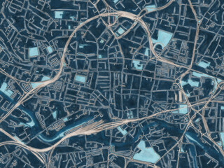 Painterly Style City Map of Leeds Center, the United Kingdom in a Blue Color Scheme.