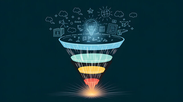 A funnel shape, glowing with energy, showing the sales funnel process from lead to conversion.
