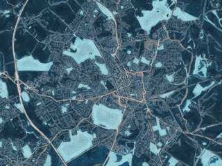 Painterly Style City Map of Wakefield, the United Kingdom in a Blue Color Scheme.