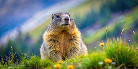 Alpine marmot feeding in alpine meadow with shallow depth of field