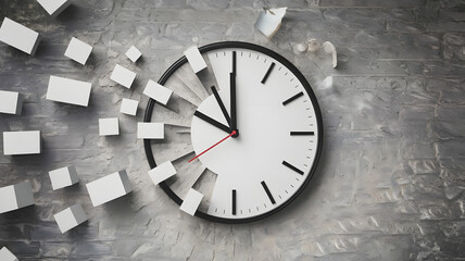 An abstract clock, with pieces flying off and reassembling, symbolizing time management and efficiency.
