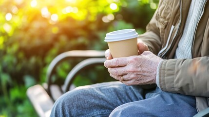 Middle-aged man with slight tremor holding cup of coffee on park bench, symbolizing struggle with Parkinson's disease, calm natural setting.