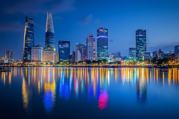 Obraz premium Illuminated Skyscrapers Reflecting in Calm Water at Night