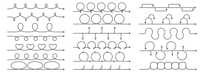 Linear roadmap arrows. Line art timeline chart, looped arrow for process sprints, step by step guide or instruction steps order design. Infographic template vector elements set.