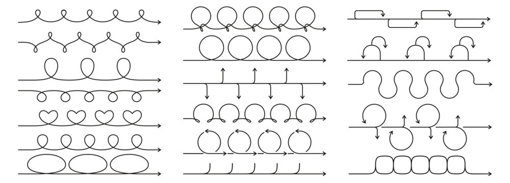 Linear roadmap arrows. Line art timeline chart, looped arrow for process sprints, step by step guide or instruction steps order design. Infographic template vector elements set.