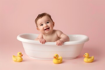 Naklejka premium smiling Baby in Bathtub with Rubber Ducks on Pink Background
