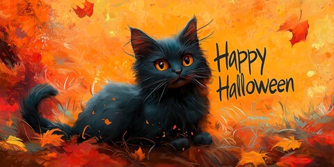 A black cat wishing Happy Halloween on an autumn day - ai generated
