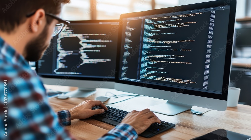 Poster a man is typing on a computer keyboard in front of two monitors