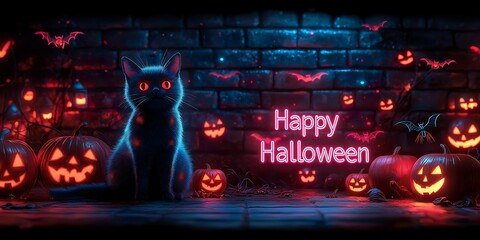 A happy Halloween banner with spooky spiders, black cats and scary pumpkins for the most spooky day of October- ai generated