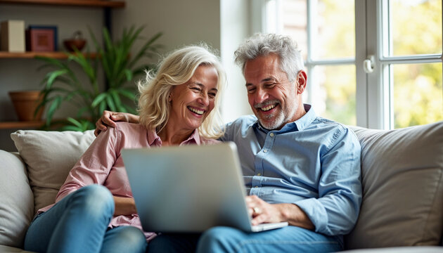 Happy middle aged couple using laptop computer relaxing on couch at home. Smiling mature man and woman talking having fun laughing with device sitting on sofa in sunny living room. Candid shot. 