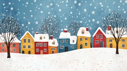 Fototapeta premium Winter Village Scene with Colorful Houses and Snowy Landscape