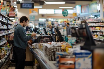 Fototapeta premium Man Paying for Groceries at a Supermarket Checkout