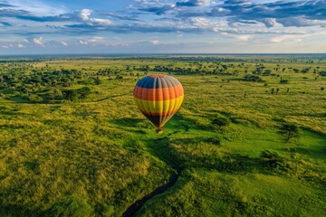Obraz premium Vibrant Hot Air Balloon Over Lush Green African Savannah at Sunset