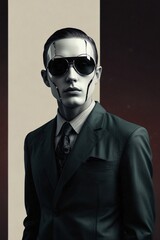 Fototapeta premium Portrait of a Masked Futuristic Human A Retrofuturistic Moodboard Featuring Cyberpunk Aesthetics and Dramatic Split Toning Lighting in Contemporary Illustration Style