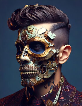 cabeza de hombre joven con cara mecánica, pelo rapado con tup&eacute; sobre fondo azul