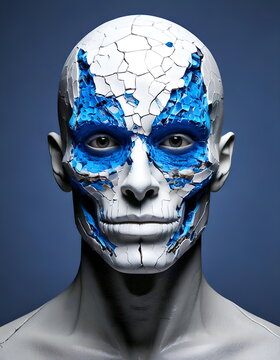 retrato de hombre joven con cara pintada en blanco y efecto cuarteado en azul sobre fondo azul
