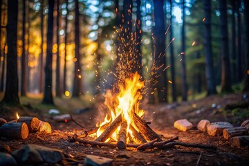 Campfire glowing among trees in forest scenery