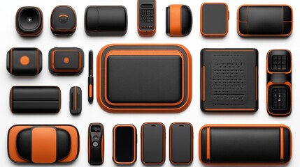 Modern Black and Orange Electronic Devices on White Background