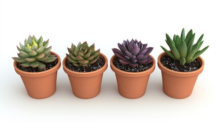 Succulent Plants in Terracotta Pots   Green  Purple  and Brown    Isolated on White