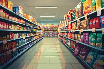 Fototapeta premium Aisle in a Grocery Store with Colorful Packaging