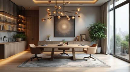 Fototapeta premium Office room interior architecture design showcases a modern workspace with sleek furniture, large windows allowing natural light to flood the space, and a neutral color palette accented by vibrant art