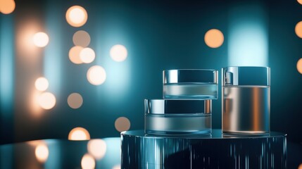 Artistic shot of beauty care jars with reflections on a glass surface against a softly lit background