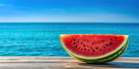 Bright red watermelon on blue ocean background