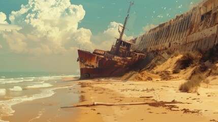 Fototapeta premium Devastated Beach Landscape with Stranded Ship