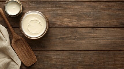An open jar of rich cream with a wooden spatula placed next to it on a rustic wooden table