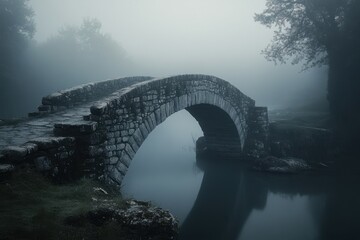 Fototapeta premium A foggy morning on an old stone bridge over a river, symbolizing mystery, history, and calmness, with soft light filtering through the fog and the water barely visible beneath 