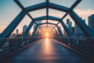 A futuristic metal bridge with sleek, geometric design spanning a cityscape at dusk, symbolizing innovation, progress, and urban beauty, with the setting sun casting long shadows 