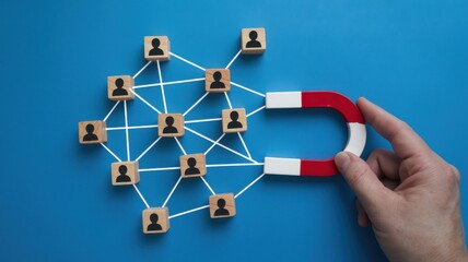 Hand holding magnet attracting wooden people icons on blue background.