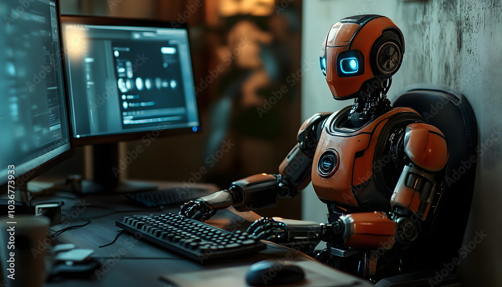 Poster a robot is sitting at a computer keyboard