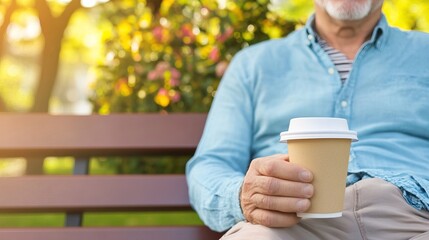 Middle-aged man with slight tremor holding cup of coffee on park bench, symbolizing struggle with Parkinson's disease, calm natural setting.