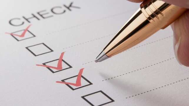 Hand using a pen to mark checkboxes in a checklist document.