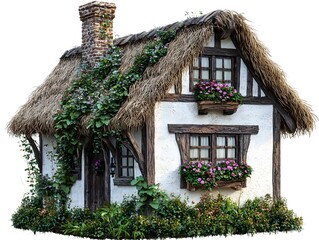 Picturesque Thatched Roof Cottage with Flower Filled Window Boxes on White Background