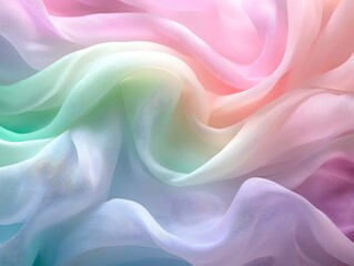 Fototapeta premium Flowing pastel fabric in soft waves, blending hues of pink, green, and blue, creating a dreamy and ethereal atmosphere.