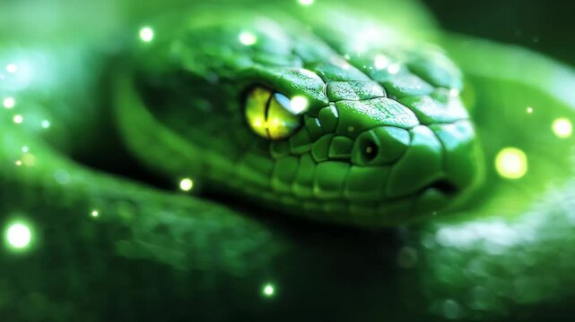 Graceful green snake in close-up view, holiday spirit of 2025