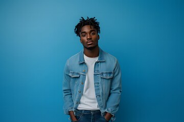 Young Black male model posing in casual double denim against blue background
