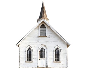 Peaceful Country Chapel with Steeple and Arched Windows Against White Background