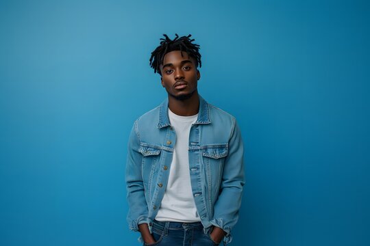 Young Black male model posing in casual double denim against blue background