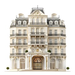 Fototapeta premium Ornate and Elegant Grand Hotel with Intricate Balconies and Imposing Entrance on White Background