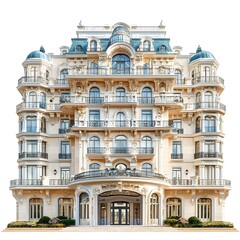 Naklejka premium Elaborate and Ornate Luxury Hotel with Grand Balconies Isolated on White Background