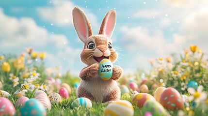 Easter bunny hopping around a garden filled with colorful eggs and spring flowers joyfully holding an egg with a sunny sky and space for a Happy Easter message