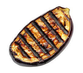 Delicious grilled slice of aubergine with charred marks, isolated on transparent cutout background