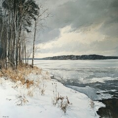 Winter landscape with frozen lake