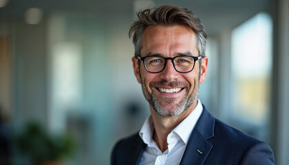 Happy middle aged professional business man, smiling mature executive ceo manager, 45 years old male entrepreneur, confident business owner wearing glasses in office. Headshot portrait